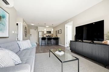 Winnipeg apartment for rent - A modern living room with a grey couch and a glass coffee table.
