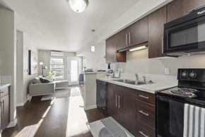 Regina apartment for rent - A modern kitchen with dark wood cabinets and a black microwave.