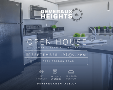 Regina apartment for rent - A modern kitchen is showcased in a promotional image for Deveraux Heights, featuring a black refrigerator, stove, and microwave.