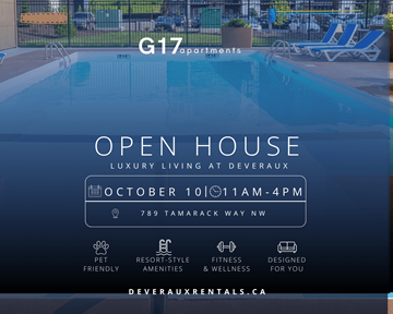 Edmonton apartment for rent - An open house event for G17 apartments is scheduled for October 10th from 11 AM to 4 PM.