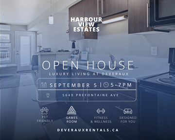 Regina apartment for rent - An advertisement for Harbour View Estates showcasing an open house event.