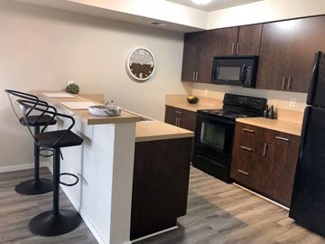 Regina apartment for rent - a kitchen with a island and a stove and a microwave