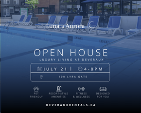 Winnipeg apartment for rent - A poolside image advertising an open house at Luna at Aurora.