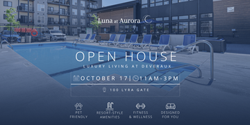 Winnipeg apartment for rent - A poolside image advertising an open house at Luna at Aurora.
