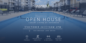 Winnipeg apartment for rent - A blue swimming pool with the text "PINNACLE AT BRIDGEWATER OPEN HOUSE" on a promotional image.