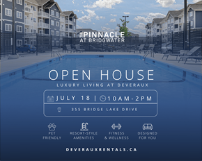 Winnipeg apartment for rent - A poster advertises an open house for luxury living at Deveraux, featuring a swimming pool and amenities like pet-friendly and fitness options.