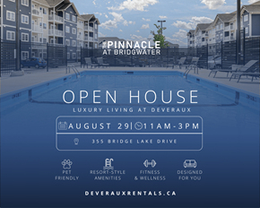 Winnipeg apartment for rent - A poster advertises an open house for luxury living at Deveraux, featuring a pool and amenities.