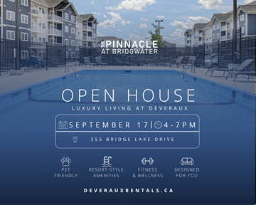 Winnipeg apartment for rent - A poster advertises an open house for luxury living at Deveraux, featuring a swimming pool and amenities.