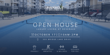 Winnipeg apartment for rent - A promotional image for Pinnacle at Bridgewater, advertising an open house event on October 17 from 10 AM to 2 PM.
