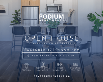 Calgary apartment for rent - An advertisement for Podium Apartments showcasing their open house event.