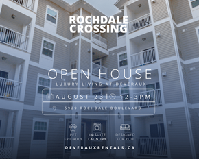 Regina apartment for rent - An advertisement for Rochdale Crossing, a luxury apartment complex, is promoting an open house event on August 23 from 12-3 PM.
