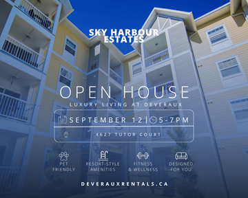 Regina apartment for rent - An advertisement for Sky Harbour Estates Open House event on September 12th from 5-7pm.