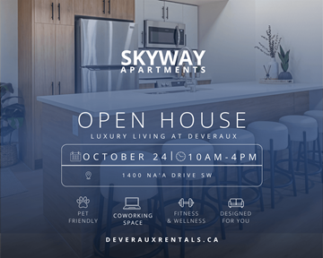 Calgary apartment for rent - An advertisement for Skyway Apartments showcasing their open house event.