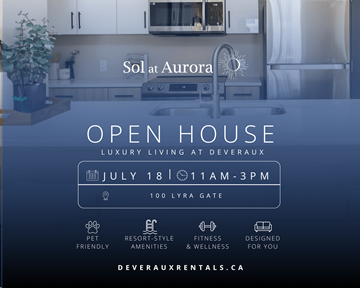 Winnipeg apartment for rent - An advertisement for an open house event at Sol at Aurora, featuring a kitchen area.