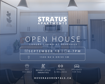 Calgary apartment for rent - A modern kitchen with the text "Stratus Apartments Open House" displayed on the image.