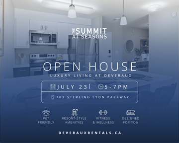 Winnipeg apartment for rent - An advertisement for an open house event at Deveraux, featuring a modern kitchen.