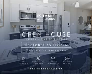 Winnipeg apartment for rent - A modern kitchen with a sign that reads "The Summit at Seasons Open House".