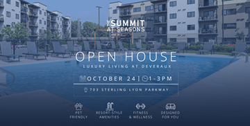 Winnipeg apartment for rent - A poster advertises an open house for luxury living at Deveraux on October 24 from 1-3 PM.