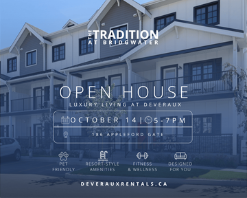 Winnipeg townhouse for rent - An open house event for The Tradition at Bridgwater is advertised for October 14th from 5-7 pm.