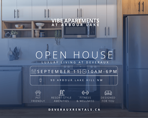 Calgary apartment for rent - A poster advertises an open house for Vibe Apartments at Arbour Lake, featuring a modern kitchen.