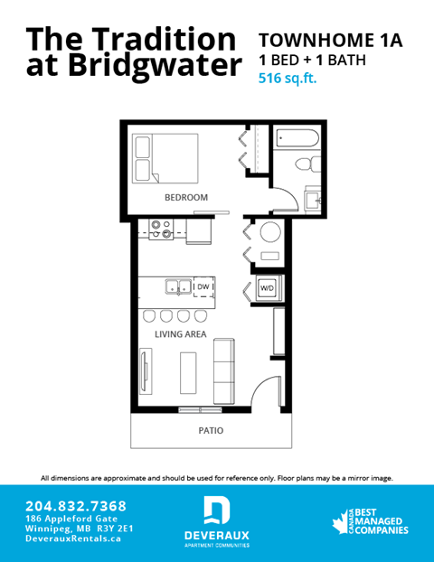 Floor plan for 1 bed, 1 bath, 516 sqft