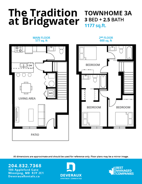 Floor plan for 3 beds, 2.5 baths, 1177 sqft