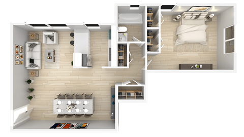 Floor plan for 1 bed, 1 bath, 766 sqft