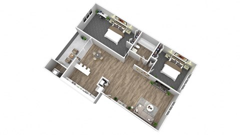 Floor plan for 2 beds, 1 bath, 886 sqft