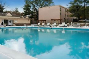 Lanham apartment for rent - A swimming pool with lounge chairs and a building in the background.