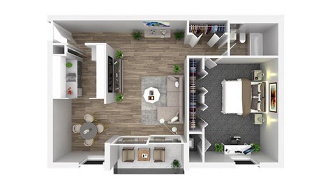Floor plan for 1 bed, 1 bath, 799 sqft