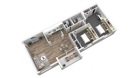 Floor plan for 2 beds, 1 bath, 989 sqft