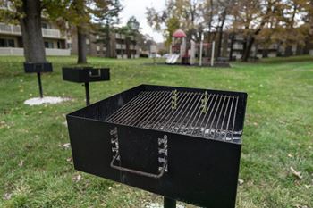 A grill with a playground in the background