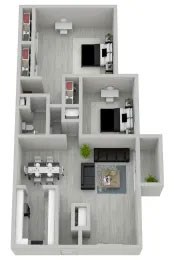 Floor plan for 2 beds, 1 bath, 945 sqft