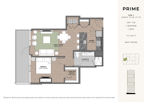 Floor plan for 1 bed, 1 bath, 721 sqft