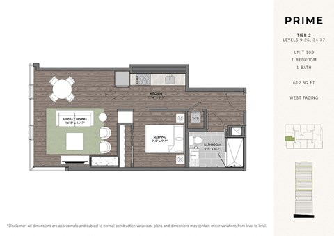 Floor plan for studio, 1 bath, 612 sqft