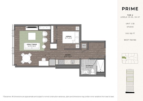 Floor plan for studio, 1 bath, 593 sqft