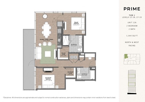 Floor plan for 2 beds, 2 baths, 1044 sqft