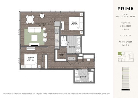 Floor plan for 2 beds, 2 baths, 1009 sqft