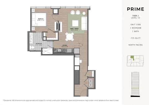 Floor plan for 1 bed, 1 bath, 775 sqft