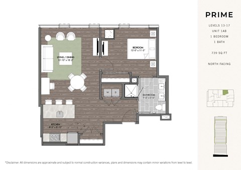 Floor plan for 1 bed, 1 bath, 739 sqft