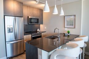 Nashville apartment for rent - A modern kitchen with a black countertop and stainless steel appliances.