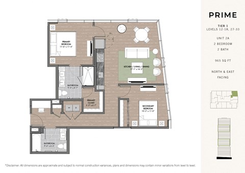 Floor plan for 2 beds, 2 baths, 965 sqft