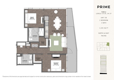 Floor plan for 2 beds, 2 baths, 1045 sqft