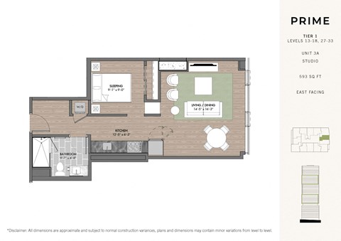 Floor plan for studio, 1 bath, 593 sqft