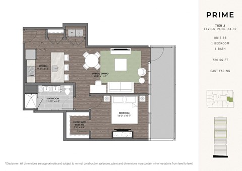 Floor plan for 1 bed, 1 bath, 720 sqft