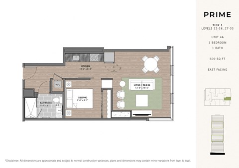 Floor plan for studio, 1 bath, 609 sqft