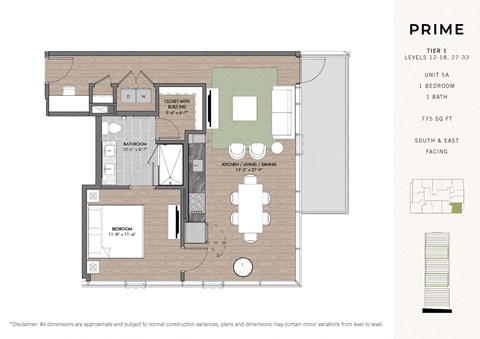 Floor plan for 1 bed, 1 bath, 775 sqft