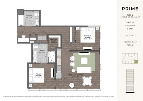Floor plan for 2 beds, 2 baths, 1017 sqft