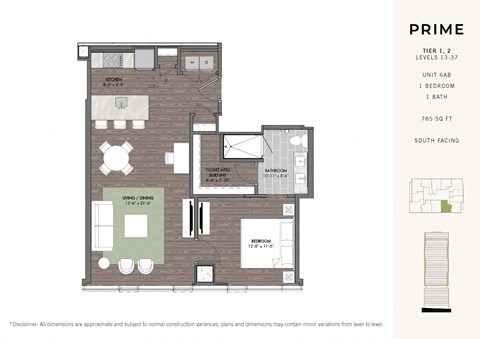 Floor plan for 1 bed, 1 bath, 785 sqft