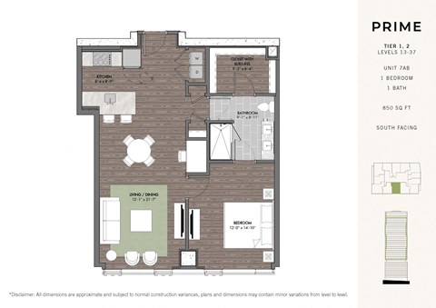 Floor plan for 1 bed, 1 bath, 850 sqft